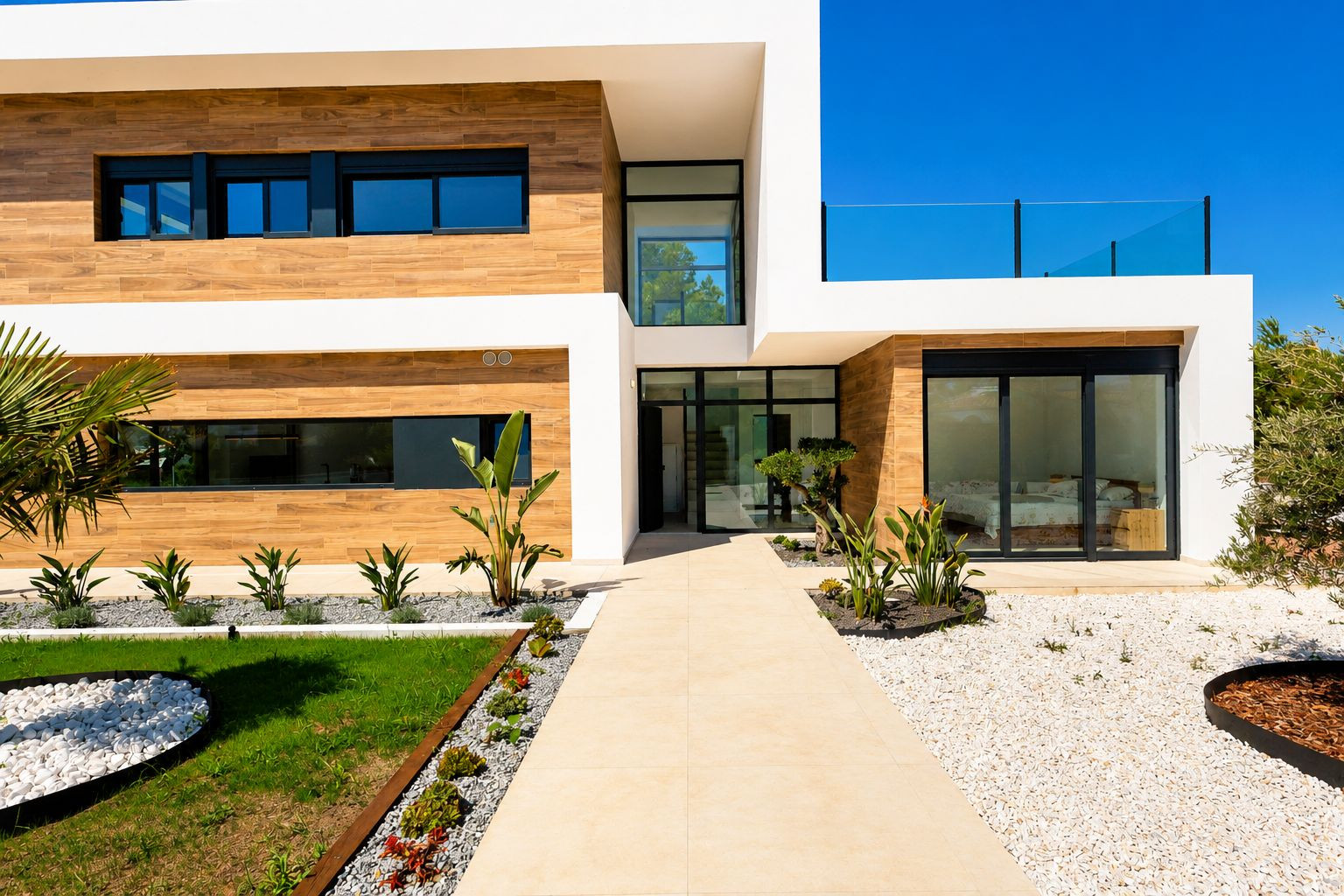 Moderna fachada de villa con revestimiento efecto madera, paredes blancas y camino embaldosado hacia la entrada principal acristalada, con paisajismo mediterráneo minimalista.