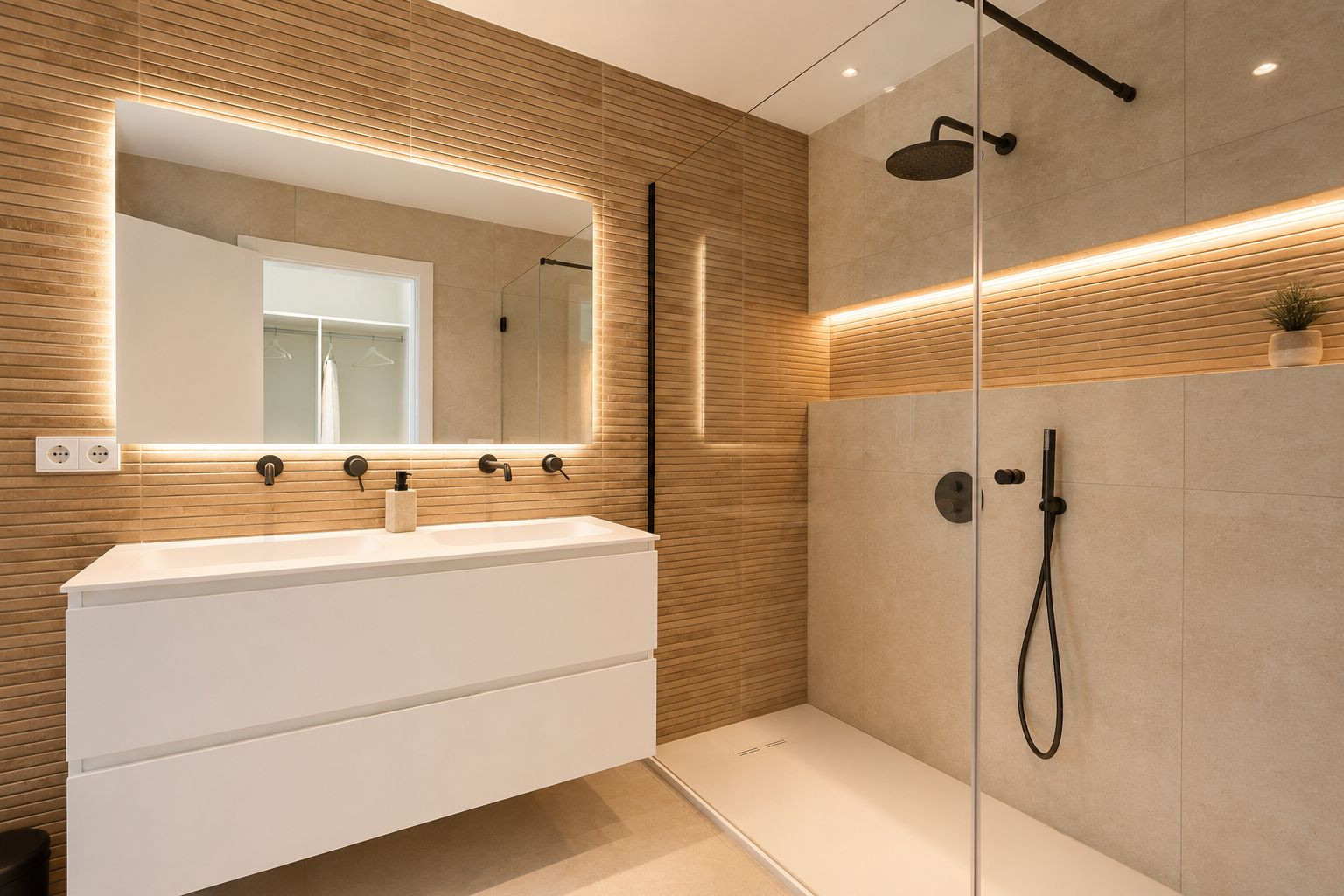 Moderno baño con doble lavabo flotante, grifería negra y espejo retroiluminado. Ducha a ras de suelo con mampara de cristal y azulejos texturizados en madera.
