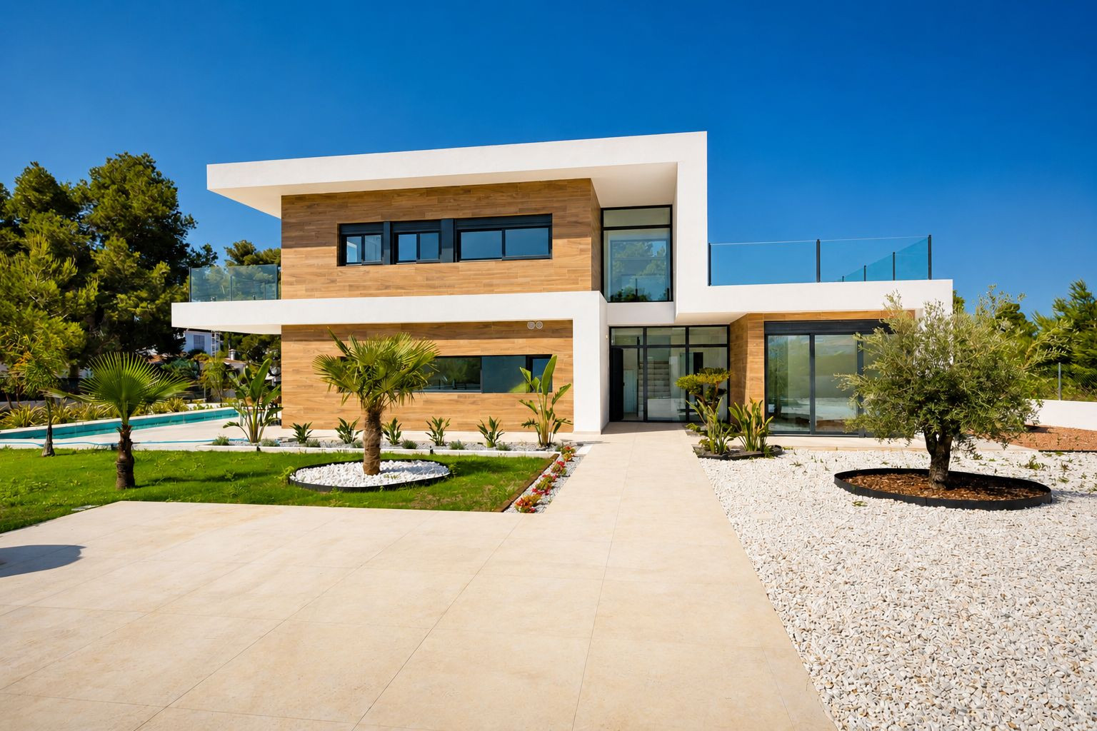 Vista exterior de la villa moderna con fachada de dos plantas, revestimiento efecto madera y grandes ventanales. Caminos de baldosas, jardín con palmeras y olivo, y piscina visible.