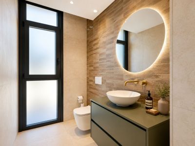 Baño con lavabo de diseño sobre mueble verde oliva, grifería dorada y espejo redondo retroiluminado. Destaca la pared de azulejos texturizados y la ventana esmerilada.