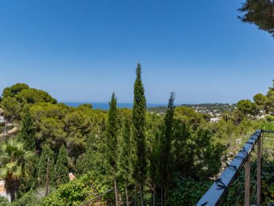 Vista desde la terraza con abundante vegetación mediterránea, cipreses y pinos, el mar a lo lejos y parte de la urbanización de Jávea bajo un cielo azul claro.