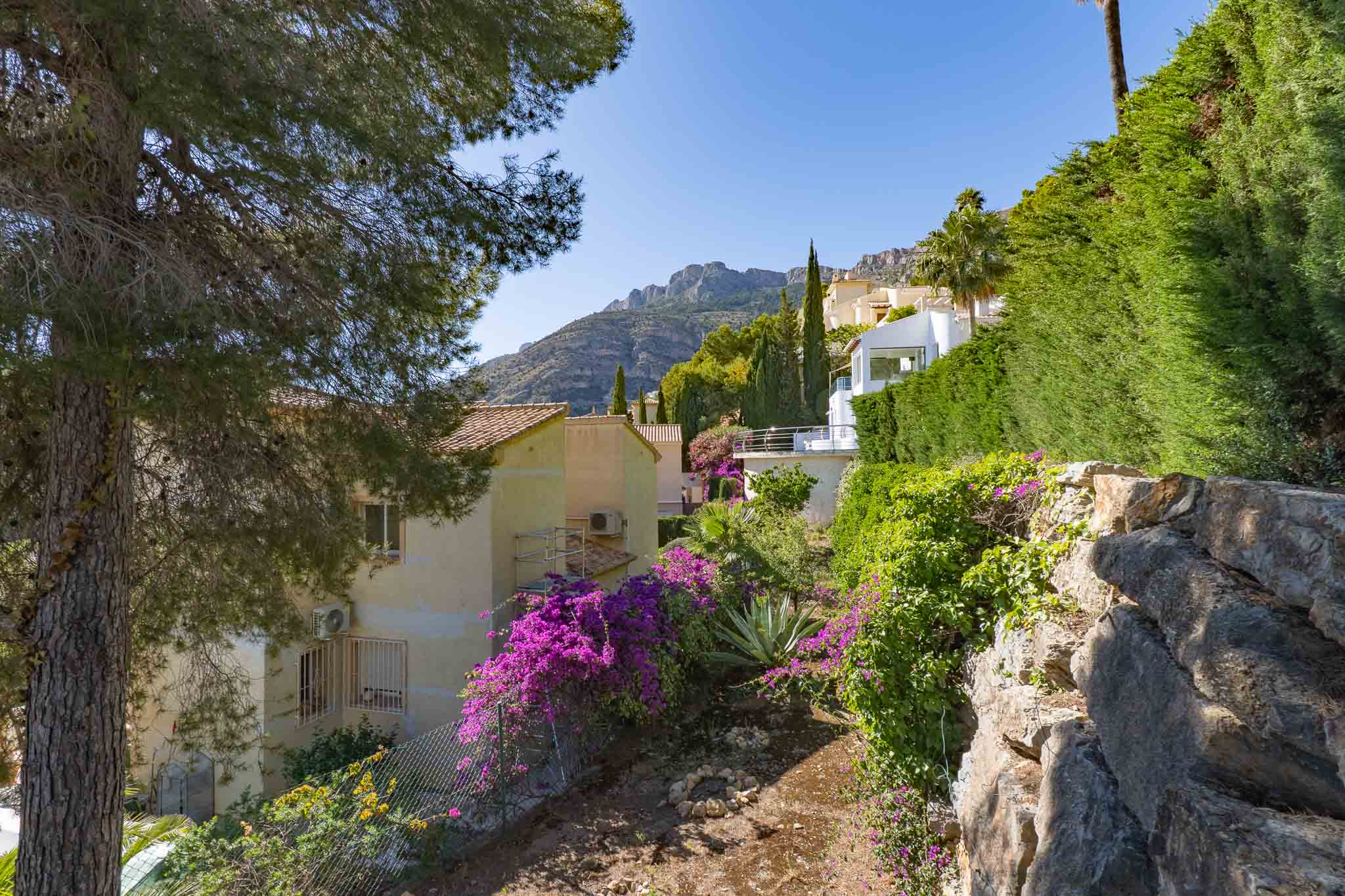 Vista exterior de la propiedad con un pino en primer plano, jardín en terrazas con buganvillas púrpuras, y montañas bajo un cielo azul. Vista exterior de la propiedad con un pino en primer plano, jardín en terrazas con buganvillas púrpuras, y montañas bajo un cielo azul.