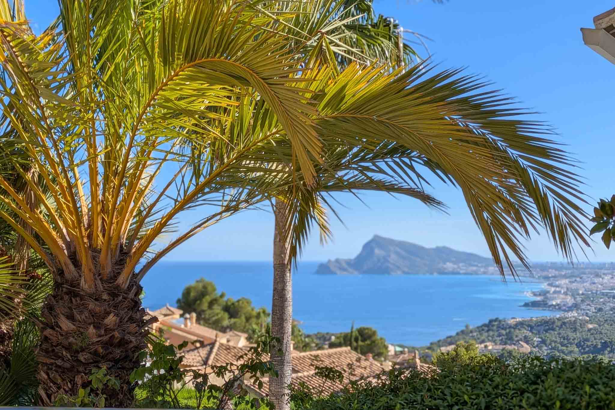 Vista panorámica al mar Mediterráneo, enmarcada por palmeras, con los tejados de Altea Hills y el Peñón de Ifach a lo lejos bajo un cielo azul. Vista panorámica al mar Mediterráneo, enmarcada por palmeras, con los tejados de Altea Hills y el Peñón de Ifach a lo lejos bajo un cielo azul.