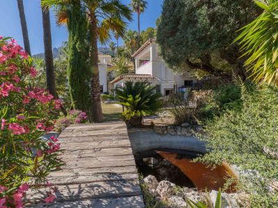 Pasarela de madera rústica sobre un estanque sereno, enmarcada por vibrantes adelfas rosadas y palmeras altas que conducen a la villa bajo el sol mediterráneo.