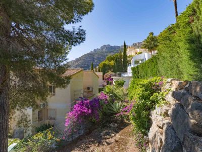 Vista exterior de la propiedad con un pino en primer plano, jardín en terrazas con buganvillas púrpuras, y montañas bajo un cielo azul.