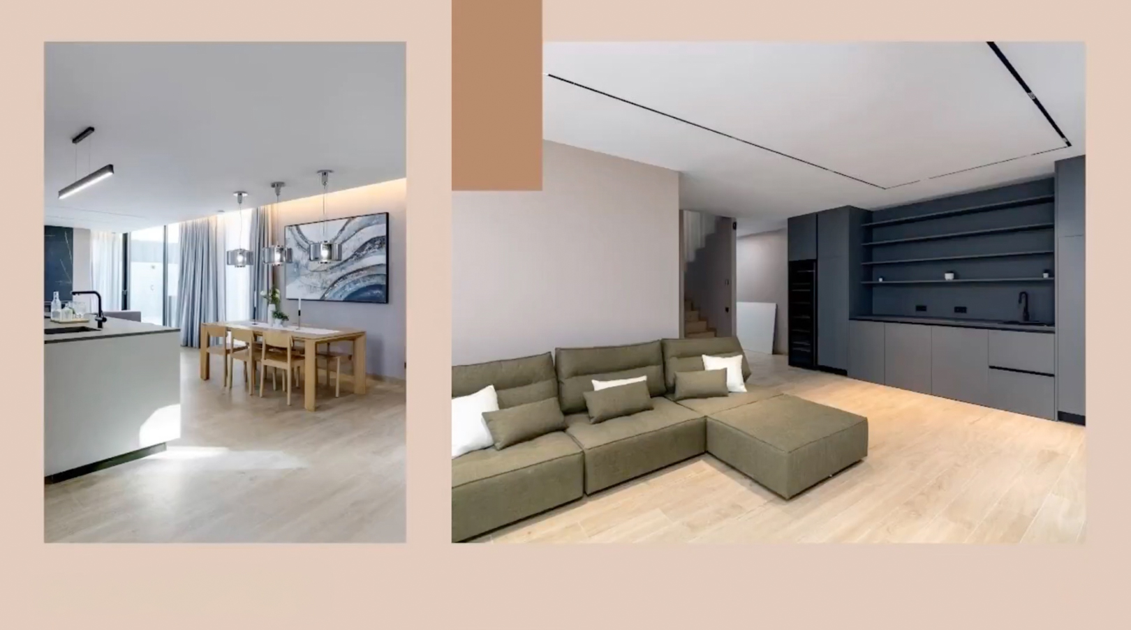 Espacio de vida diáfano con isla de cocina moderna, comedor de madera y sofá seccional verde oliva. Almacenamiento integrado gris oscuro y elegante iluminación complementan el diseño. Espacio de vida diáfano con isla de cocina moderna, comedor de madera y sofá seccional verde oliva. Almacenamiento integrado gris oscuro y elegante iluminación complementan el diseño.