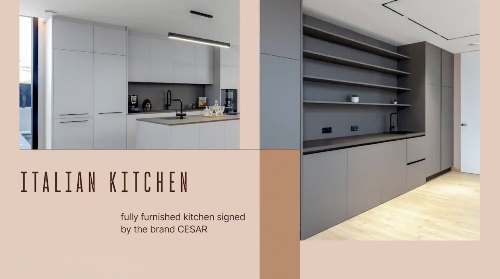 Moderna cocina de diseño CESAR, con isla central gris claro y fregadero integrado, y unidad de pared gris oscuro con estantes abiertos y electrodomésticos de alta gama. Moderna cocina de diseño CESAR, con isla central gris claro y fregadero integrado, y unidad de pared gris oscuro con estantes abiertos y electrodomésticos de alta gama.