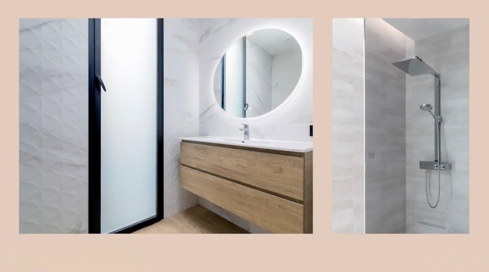 Moderno baño con lavabo flotante de madera, espejo ovalado iluminado y ducha de lluvia. Paredes de mármol y azulejos texturizados. Moderno baño con lavabo flotante de madera, espejo ovalado iluminado y ducha de lluvia. Paredes de mármol y azulejos texturizados.
