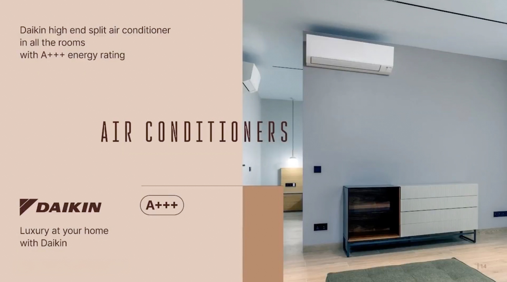 Salón moderno con aire acondicionado split Daikin de alta eficiencia y un aparador contemporáneo de madera oscura y cajones acanalados sobre pared gris claro. Salón moderno con aire acondicionado split Daikin de alta eficiencia y un aparador contemporáneo de madera oscura y cajones acanalados sobre pared gris claro.