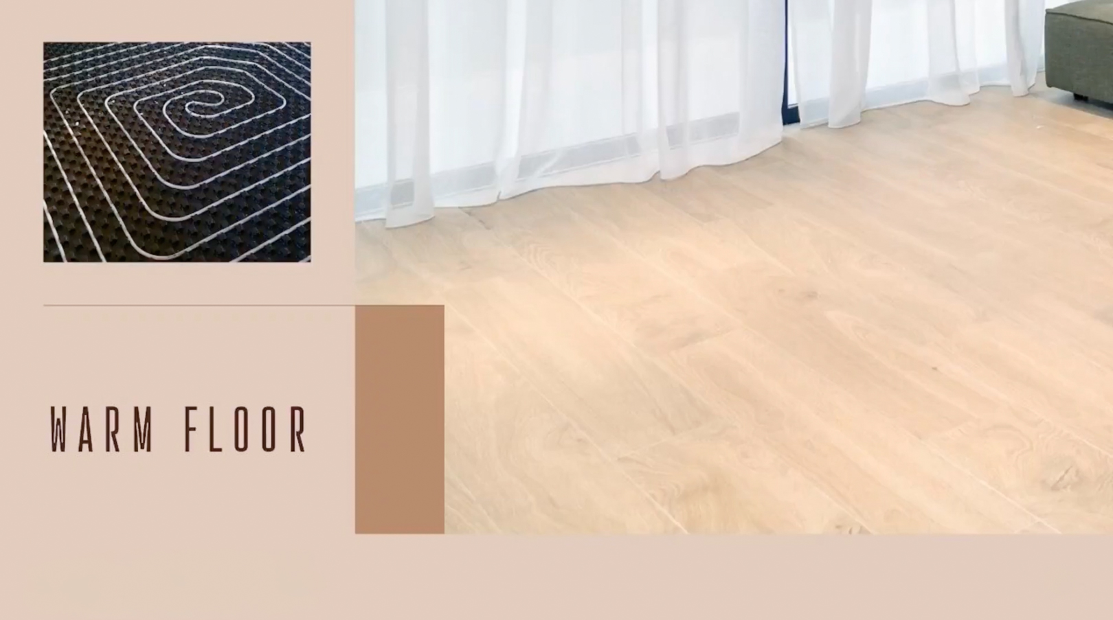 Suelo radiante visible en detalle, complementado con elegante tarima de madera clara y cortinas blancas. Suelo radiante visible en detalle, complementado con elegante tarima de madera clara y cortinas blancas.
