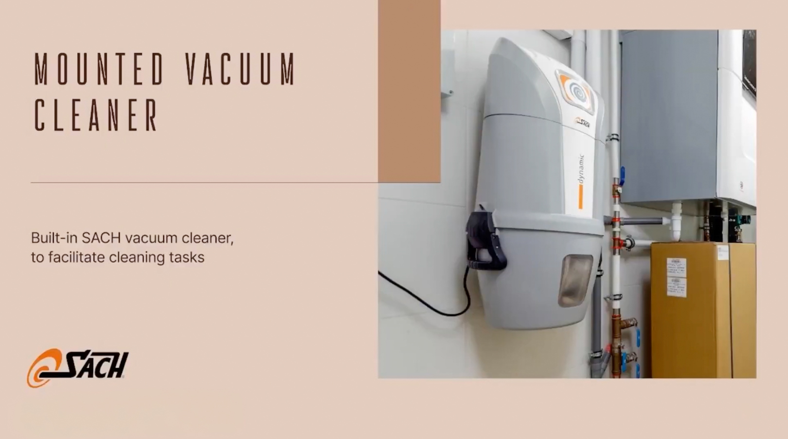 Unidad de aspiración centralizada SACH Dynamic, montada en pared junto a las instalaciones técnicas, para una limpieza eficiente. Unidad de aspiración centralizada SACH Dynamic, montada en pared junto a las instalaciones técnicas, para una limpieza eficiente.