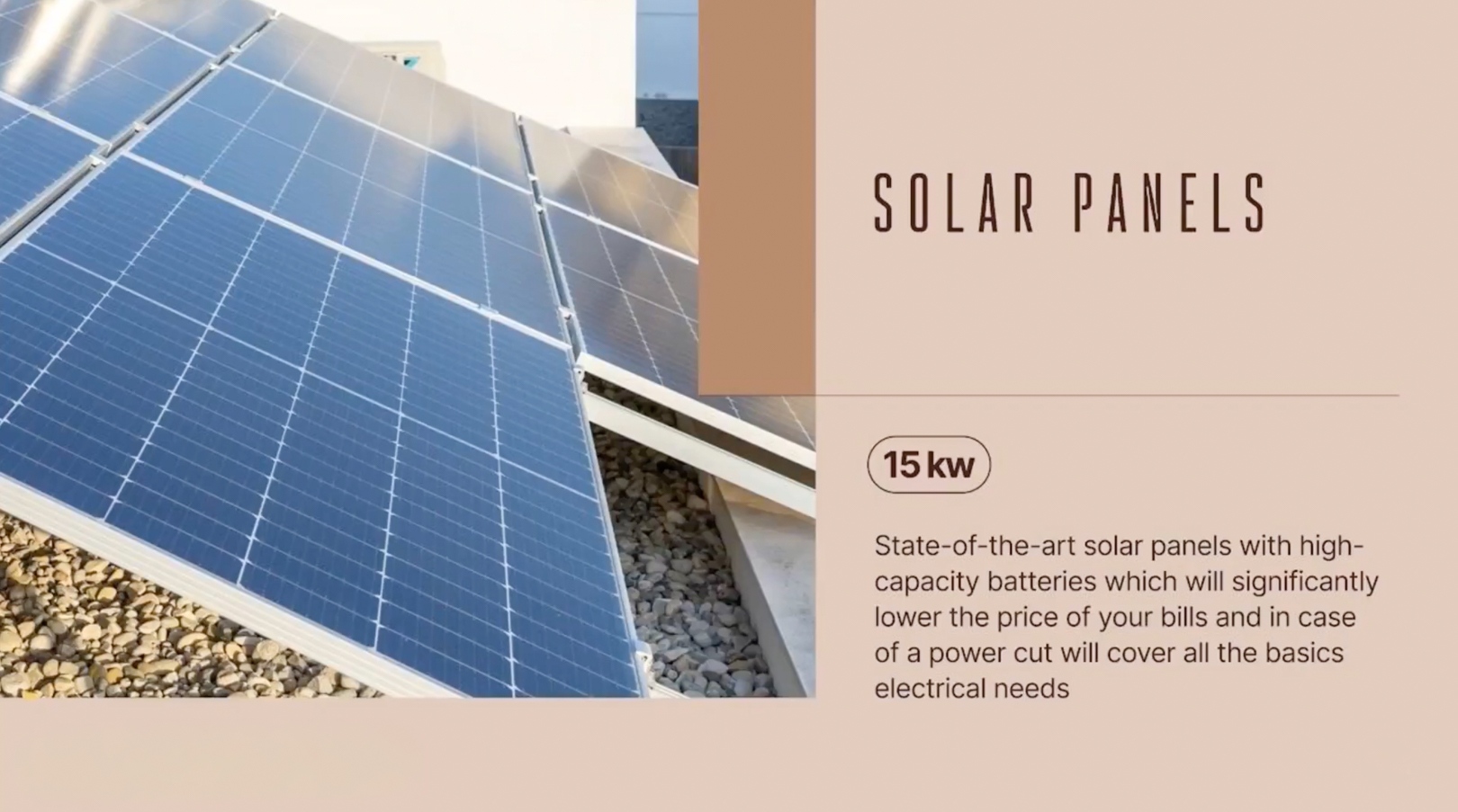 Vista exterior del sistema de paneles solares de 15 kW de la villa, instalados sobre una base de grava para alta eficiencia energética. Vista exterior del sistema de paneles solares de 15 kW de la villa, instalados sobre una base de grava para alta eficiencia energética.