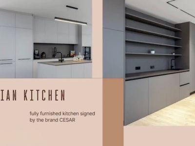Moderna cocina de diseño CESAR, con isla central gris claro y fregadero integrado, y unidad de pared gris oscuro con estantes abiertos y electrodomésticos de alta gama.