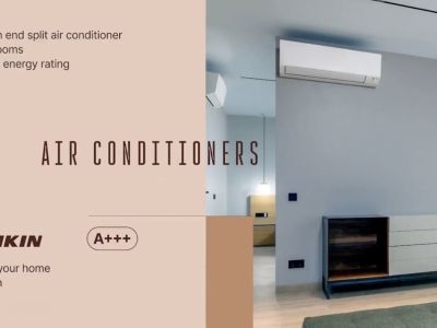Salón moderno con aire acondicionado split Daikin de alta eficiencia y un aparador contemporáneo de madera oscura y cajones acanalados sobre pared gris claro.