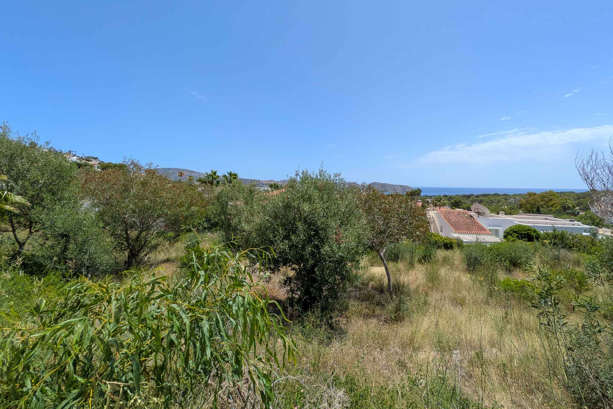 Parcela sin urbanizar con vegetación mediterránea natural, ofreciendo vistas parciales al mar enmarcadas por tejados residenciales y colinas lejanas bajo un cielo azul claro.