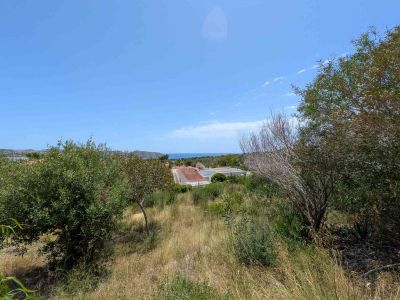 Amplia parcela con vegetación natural y vistas lejanas al mar bajo un cielo azul despejado. Techos residenciales son visibles en segundo plano, enmarcados por arbustos verdes y secos.