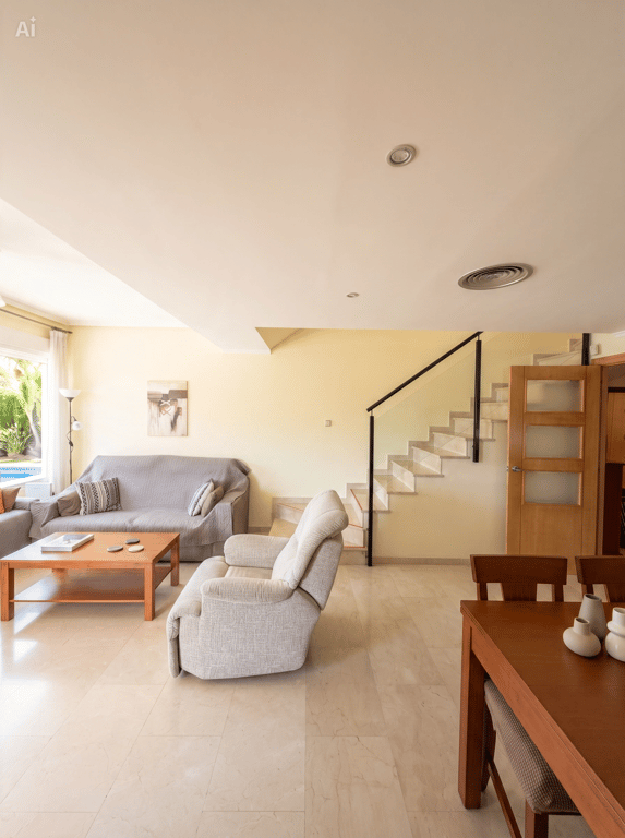 Amplia sala-comedor con suelo de baldosas claras y mesa de comedor de madera. Una escalera con barandilla negra conduce al piso superior, con una ventana que muestra la piscina exterior. Amplia sala-comedor con suelo de baldosas claras y mesa de comedor de madera. Una escalera con barandilla negra conduce al piso superior, con una ventana que muestra la piscina exterior.