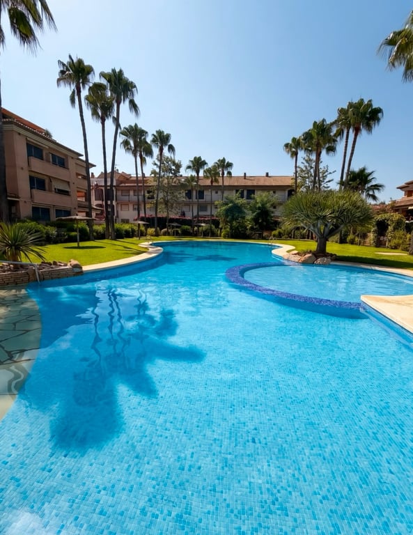 Piscina comunitaria de agua salada con mosaicos azules, rodeada de césped, palmeras y edificios residenciales bajo un cielo despejado. Piscina comunitaria de agua salada con mosaicos azules, rodeada de césped, palmeras y edificios residenciales bajo un cielo despejado.