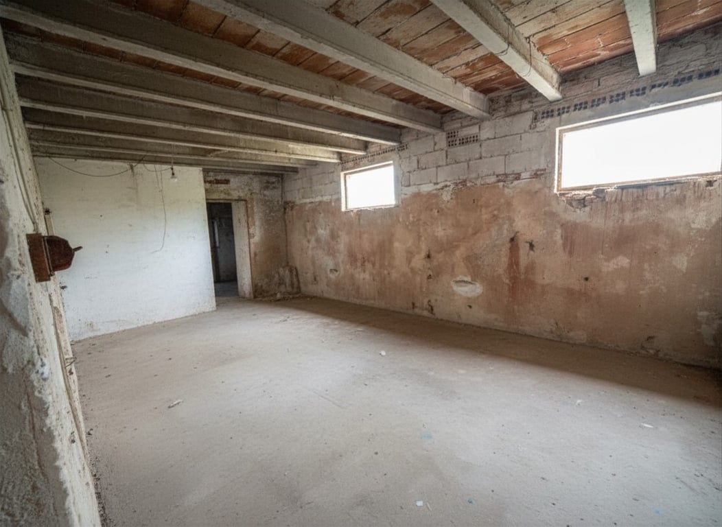 Amplia estancia interior con suelo de hormigón, paredes de ladrillo visto y bloques, y techo con vigas de madera y bovedilla. Dos ventanas pequeñas iluminan el espacio, que requiere reforma integral. Amplia estancia interior con suelo de hormigón, paredes de ladrillo visto y bloques, y techo con vigas de madera y bovedilla. Dos ventanas pequeñas iluminan el espacio, que requiere reforma integral.