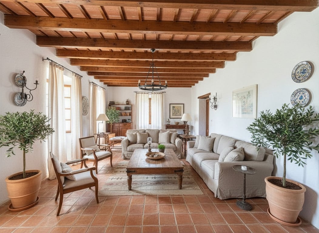 Amplio salón con techo de vigas de madera y bovedilla de terracota, suelo de baldosas rústicas y abundante luz natural. Decoración con mobiliario tradicional y olivos en maceta. Amplio salón con techo de vigas de madera y bovedilla de terracota, suelo de baldosas rústicas y abundante luz natural. Decoración con mobiliario tradicional y olivos en maceta.