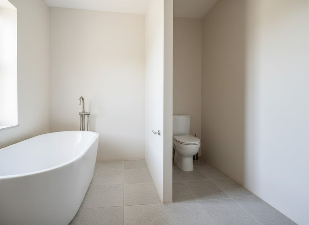 Baño con bañera exenta blanca y grifo de pie, suelo de baldosas grises y ventana. El inodoro se ubica en una alcoba separada por una pared parcial. Baño con bañera exenta blanca y grifo de pie, suelo de baldosas grises y ventana. El inodoro se ubica en una alcoba separada por una pared parcial.