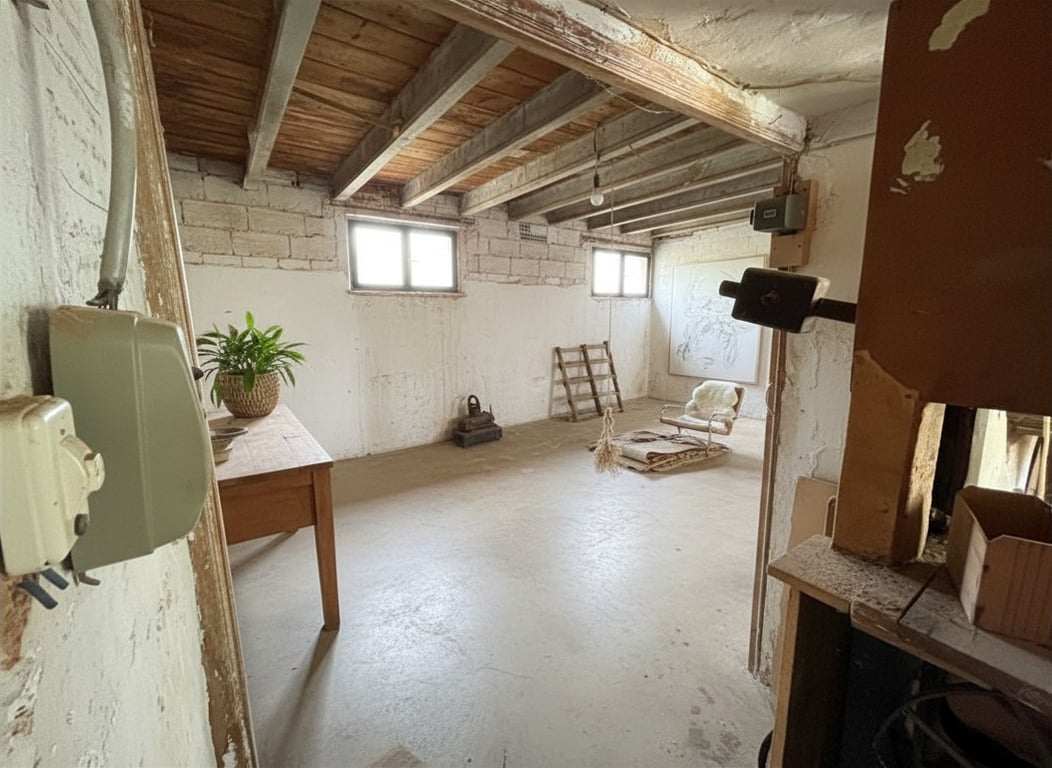 Interior diáfano con techo de vigas de madera expuestas y paredes de mampostería. Dos ventanas aportan luz natural a este espacio con suelo de hormigón, listo para reforma. Interior diáfano con techo de vigas de madera expuestas y paredes de mampostería. Dos ventanas aportan luz natural a este espacio con suelo de hormigón, listo para reforma.