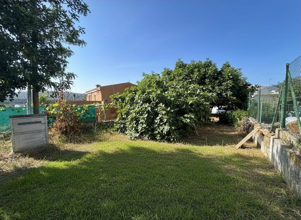 Jardín trasero con césped y vegetación madura, incluyendo un gran árbol frondoso. Se observa un muro perimetral y un edificio tradicional al fondo. Jardín trasero con césped y vegetación madura, incluyendo un gran árbol frondoso. Se observa un muro perimetral y un edificio tradicional al fondo.