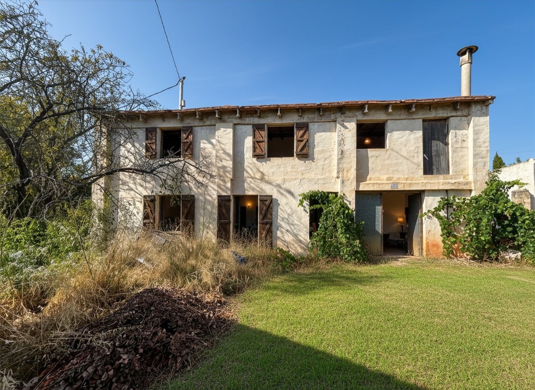 Vista exterior de una casa tradicional de dos plantas con fachada de estuco desgastado, persianas de madera y un tejado antiguo con chimenea. El jardín combina césped y vegetación silvestre. Vista exterior de una casa tradicional de dos plantas con fachada de estuco desgastado, persianas de madera y un tejado antiguo con chimenea. El jardín combina césped y vegetación silvestre.