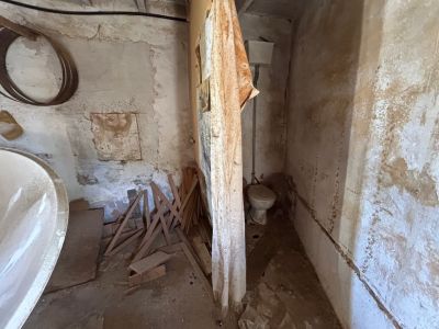 Interior en estado de reforma integral, con inodoro antiguo, paredes desconchadas y restos de madera, mostrando el potencial de transformación.