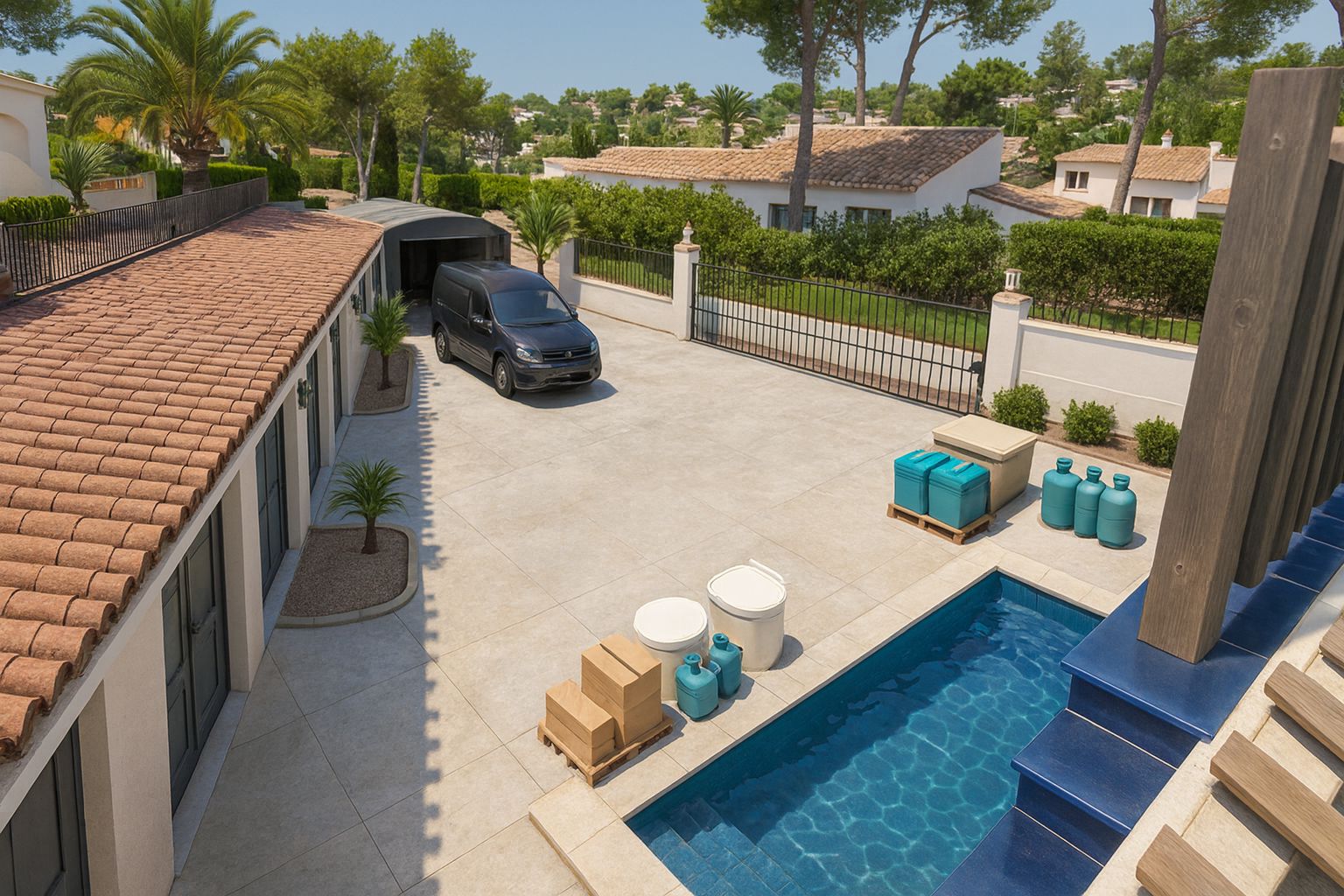 Zona de parking y piscina Zona de parking y piscina