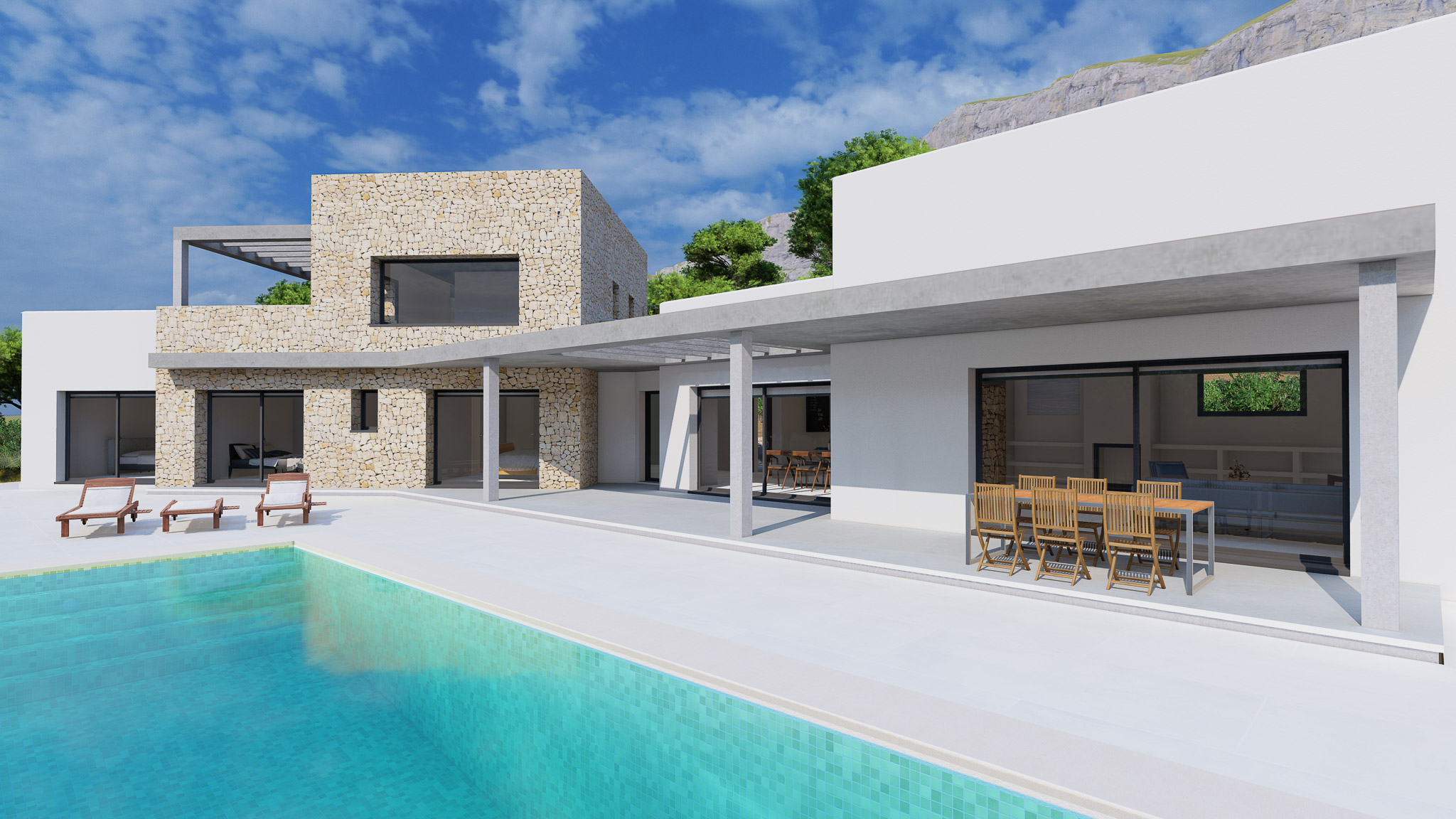 Exterior con terraza y piscina Exterior con terraza y piscina