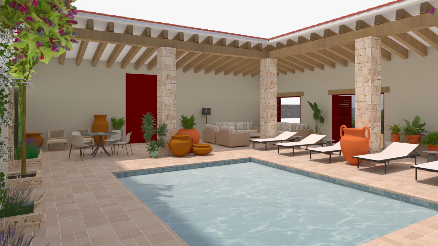Patio con piscina y porche