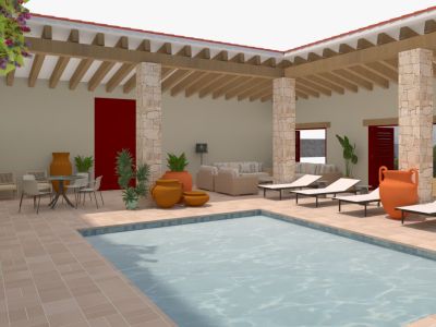 Patio con piscina y porche