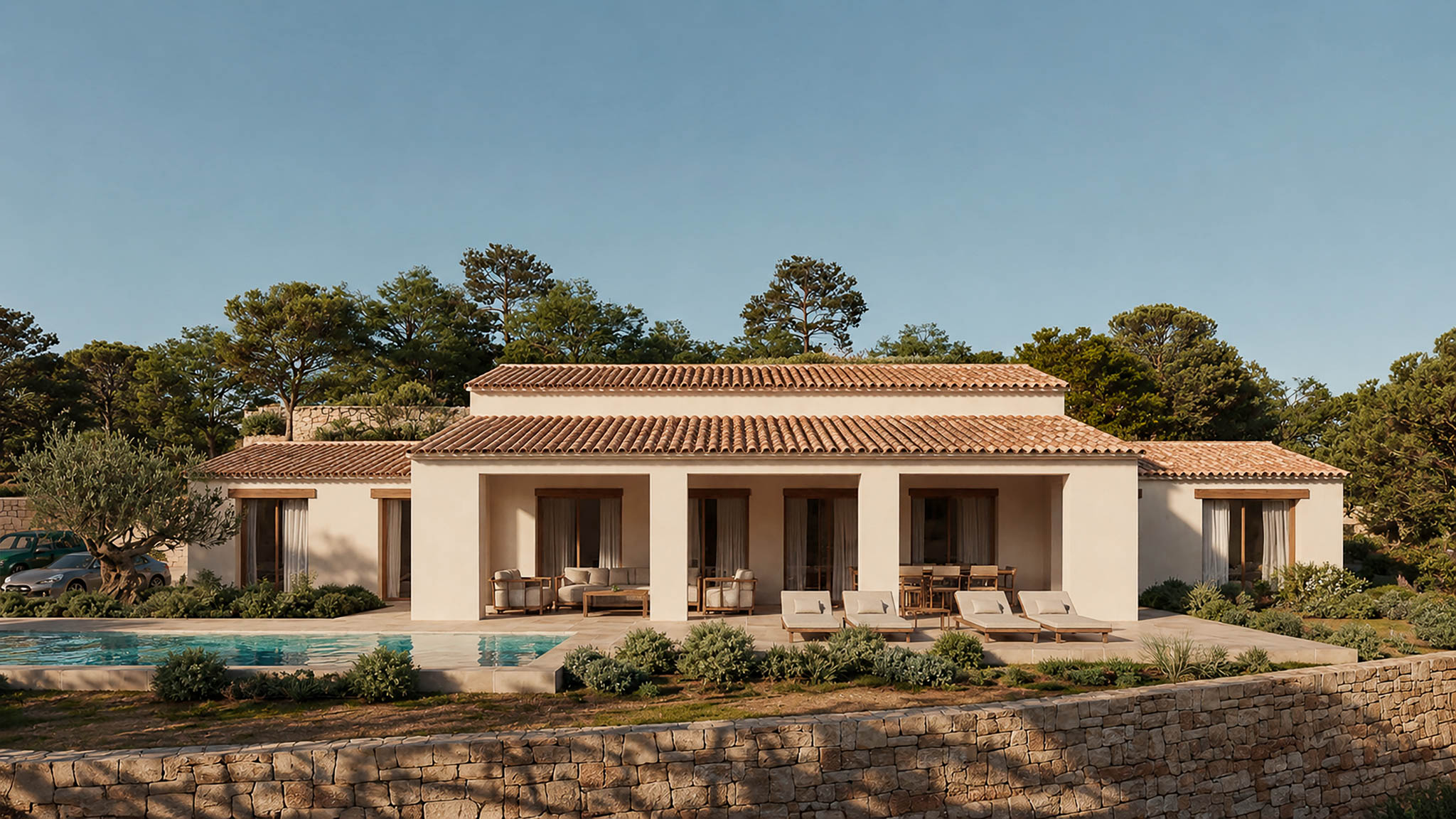 Fachada de la villa con piscina