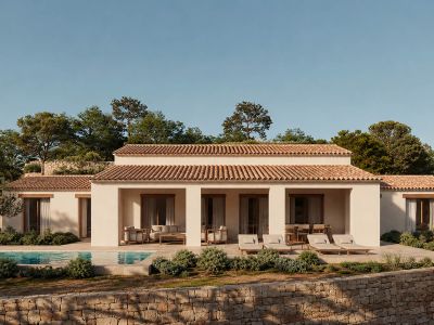 Fachada de la villa con piscina
