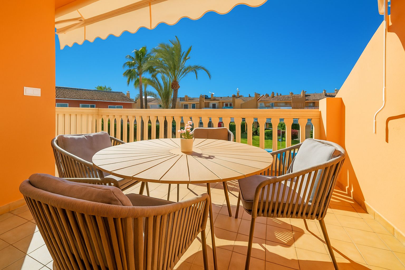 Terraza privada de paredes naranjas con mesa redonda de madera y sillas de cuerda. Incluye toldo extensible y vistas a palmeras y edificios residenciales.