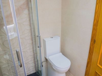 Baño moderno con inodoro blanco y mampara de ducha de cristal con herrajes cromados. Destacan los azulejos beige, con un patrón de hojas texturizado en la zona de la ducha.