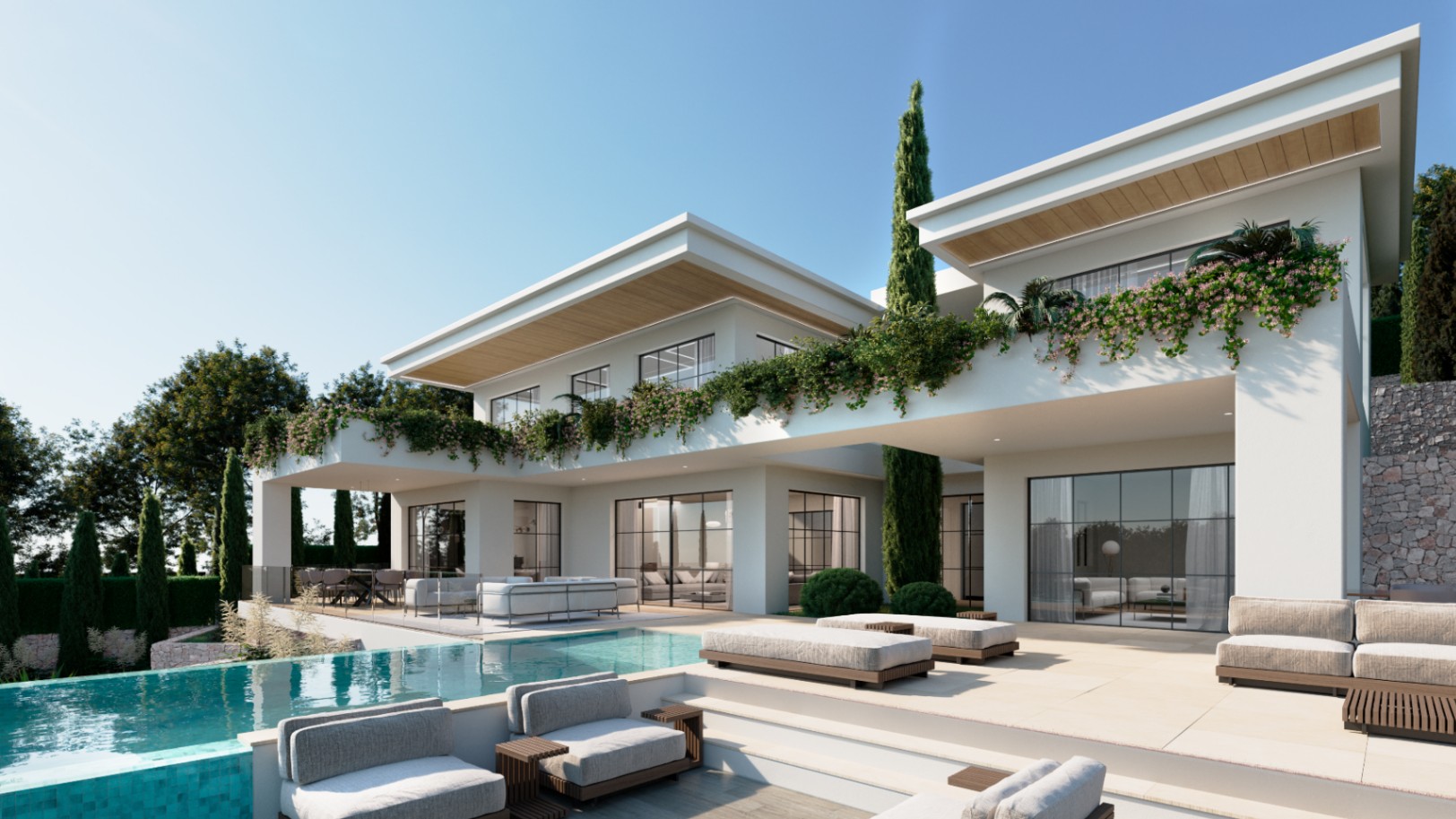 Vista exterior de una villa moderna con piscina infinita, mobiliario minimalista, fachadas blancas y terrazas decoradas con plantas trepadoras y cipreses.