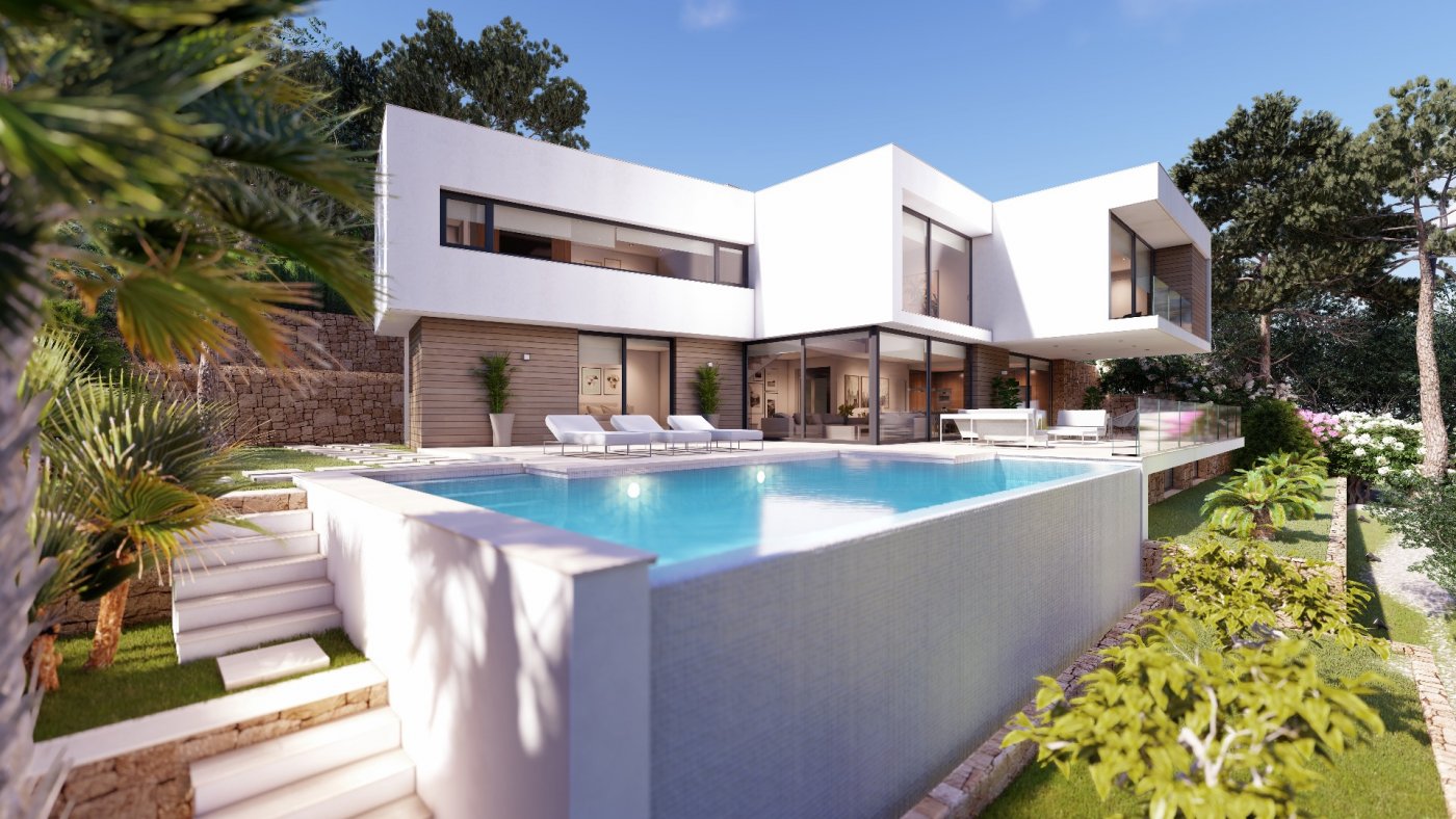 Vista exterior de una villa moderna con piscina infinita, arquitectura blanca geométrica y revestimiento de madera. La terraza cuenta con tumbonas y paisajismo mediterráneo.