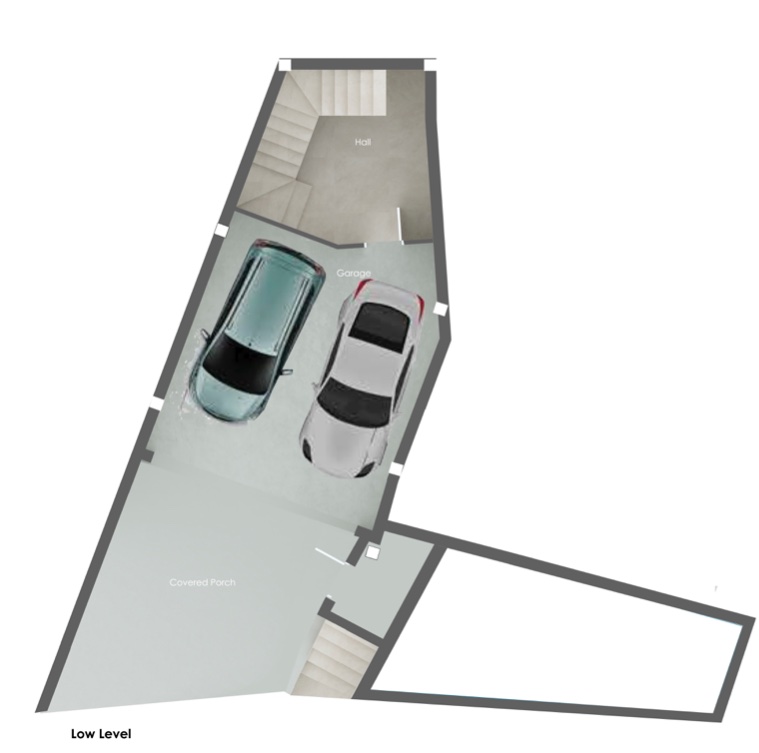 Plano de la planta baja que muestra un garaje doble, un porche cubierto y un vestíbulo con acceso por escaleras a los niveles superiores.