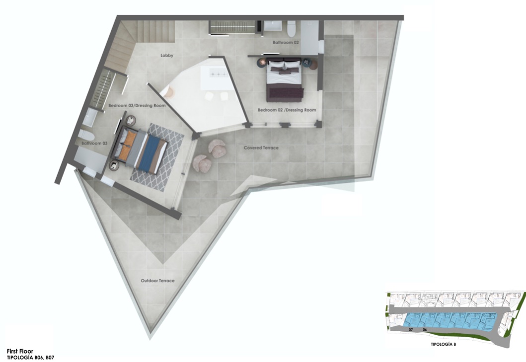 Plano detallado de la primera planta que incluye dos dormitorios con vestidor, baños en suite y una amplia terraza exterior de forma triangular.