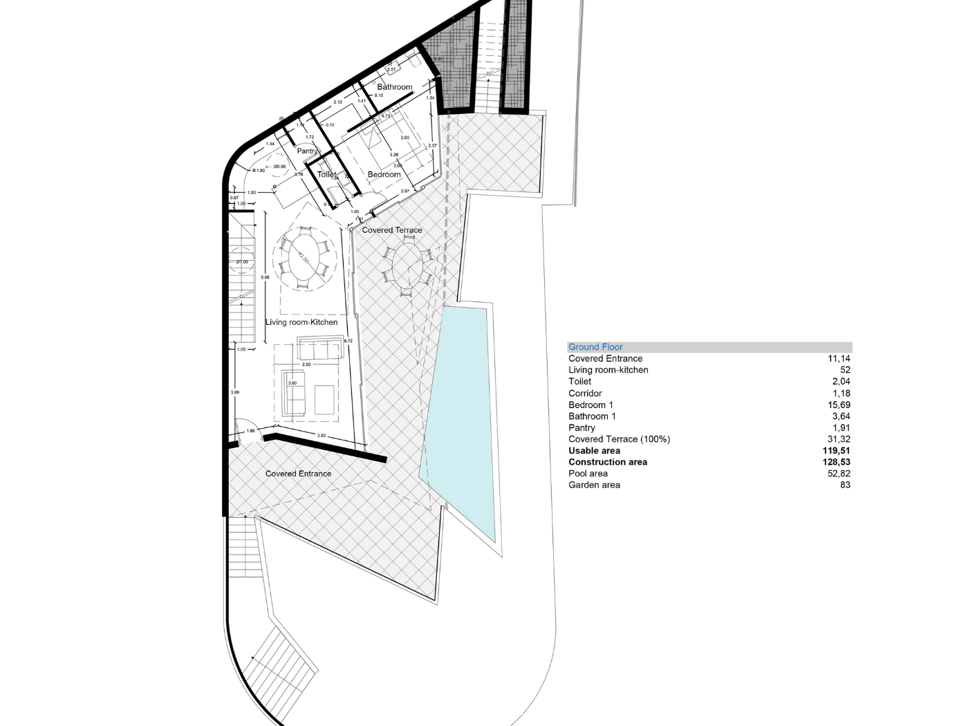 Plano técnico de la planta baja con salón-cocina abierto, dormitorio, baño y una terraza cubierta de 31m² conectada a una piscina de 52m².