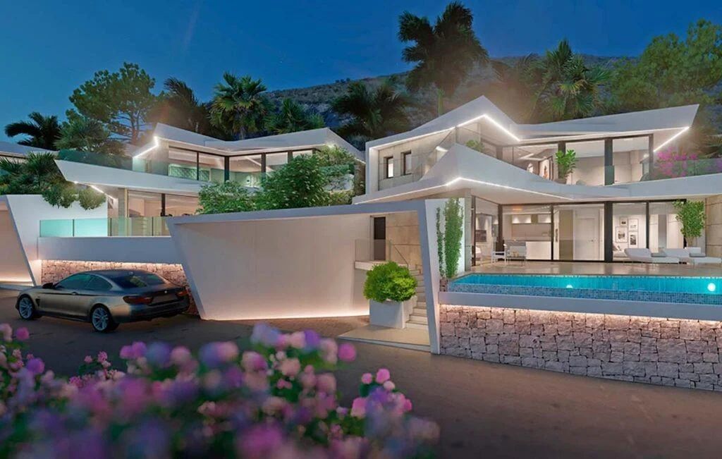 Villa moderna de varios niveles al atardecer con arquitectura blanca angular, iluminación LED integrada y una piscina infinita con revestimiento de piedra natural.