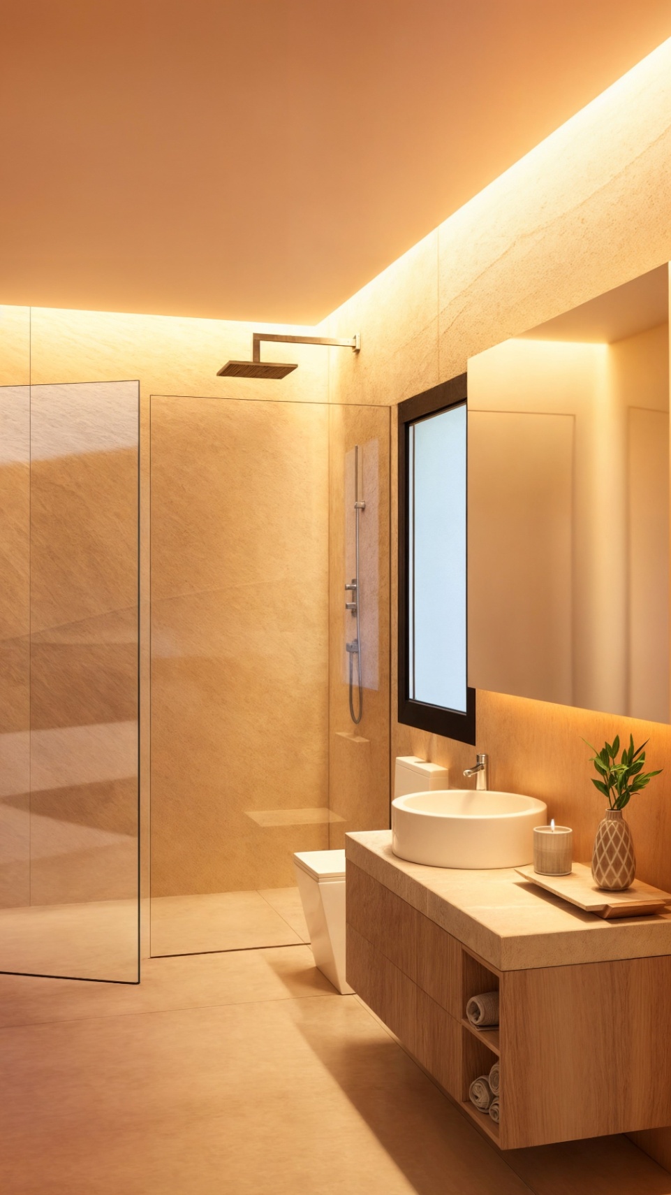 Baño moderno con ducha de obra acristalada, lavabo circular sobre mueble de madera suspendido e iluminación LED integrada en paredes de piedra natural.