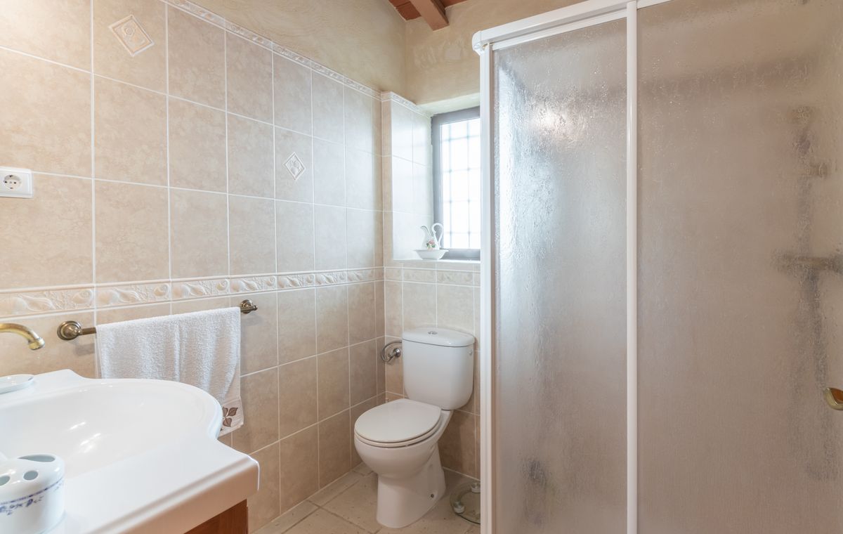 Cuarto de baño con azulejos beige, cenefas decorativas, inodoro blanco y cabina de ducha con puertas translúcidas bajo vigas de madera vistas.