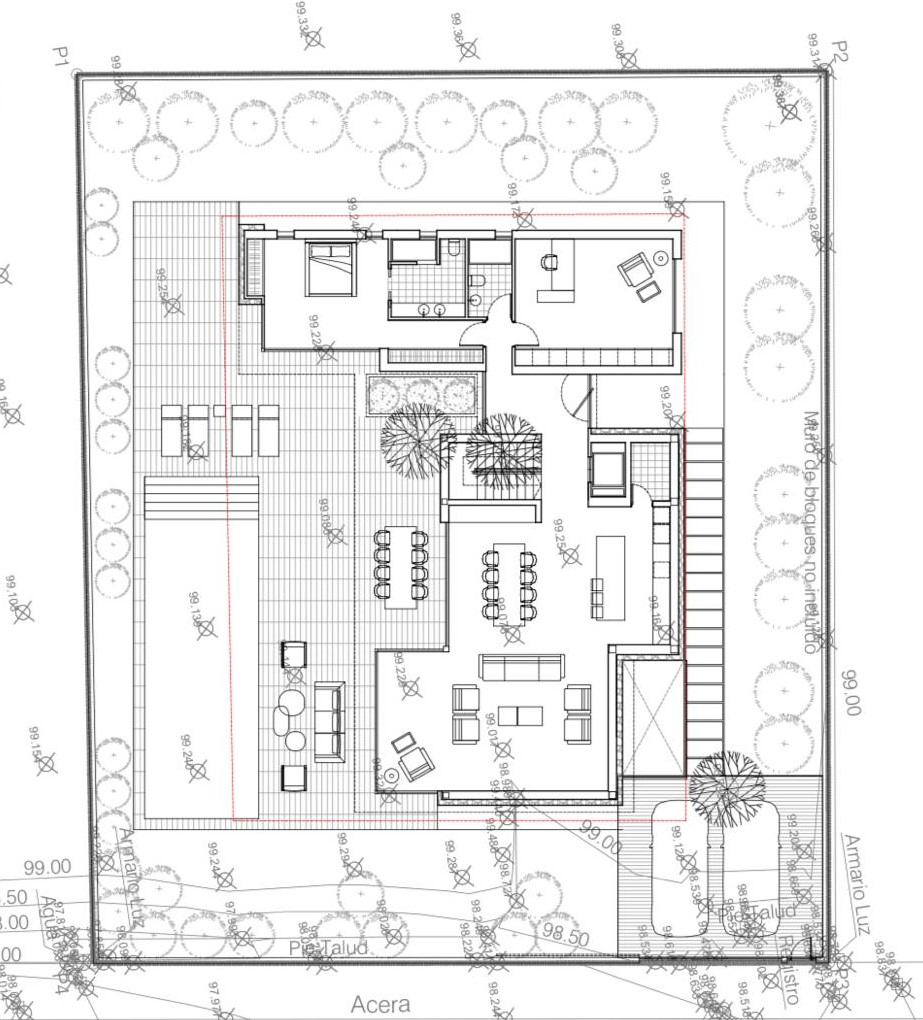 Plano técnico de una villa moderna con piscina privada, amplia zona de terraza, distribución de planta abierta y jardín perimetral con dos plazas de garaje.