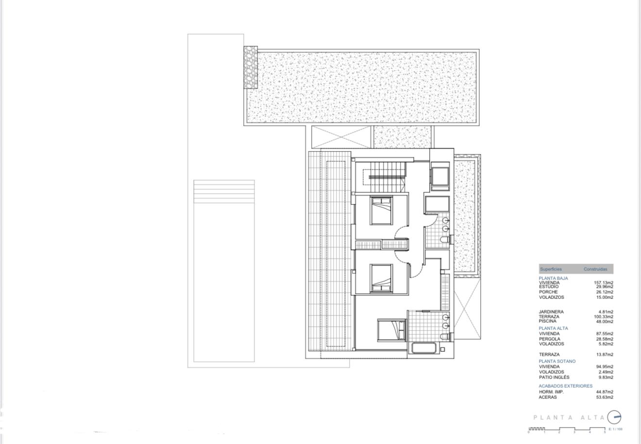 Plano técnico detallado de la planta alta que muestra la distribución de dormitorios, baños y terraza, incluyendo cuadro de superficies construidas.