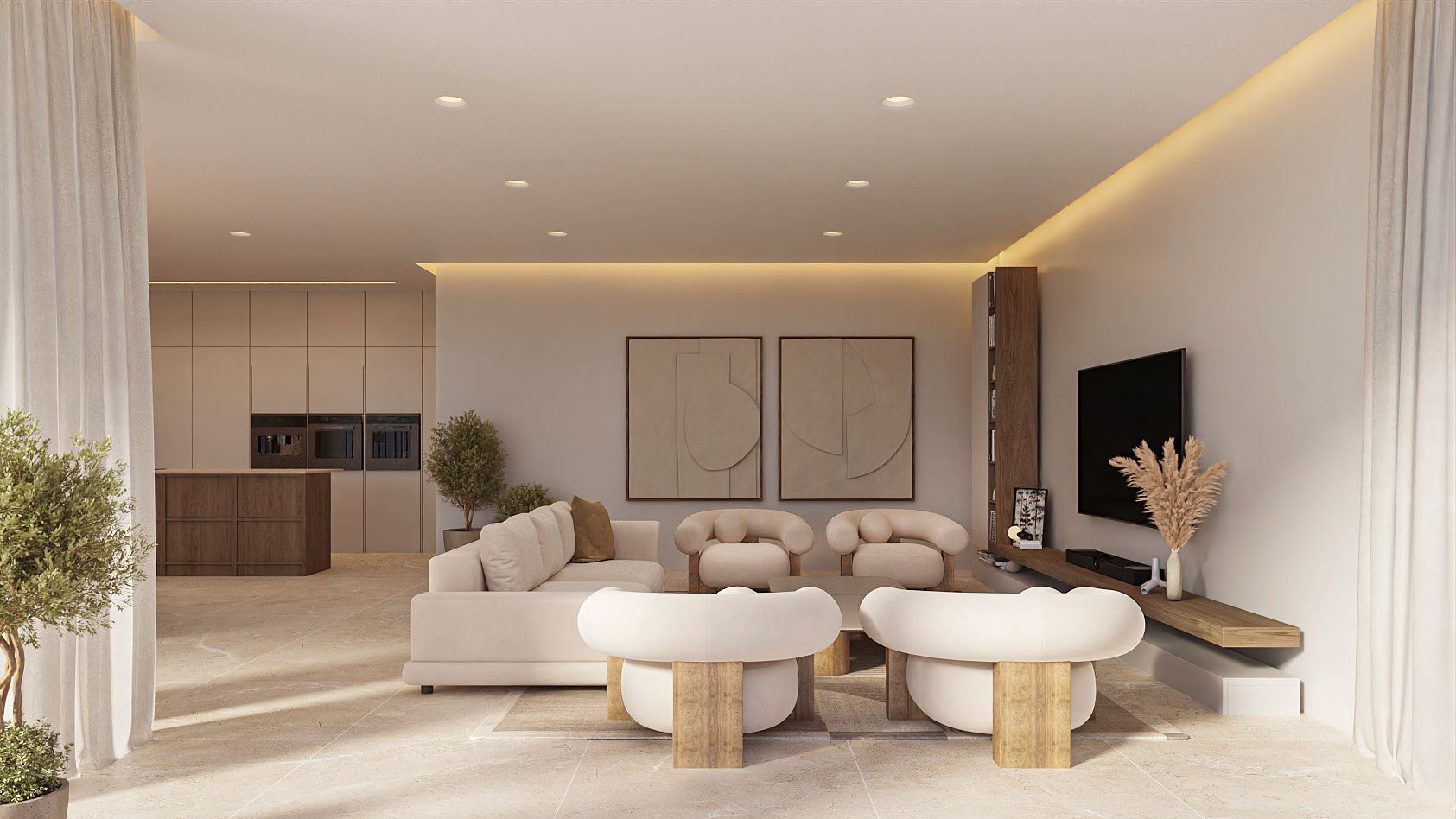 Salón de planta abierta con sillones de diseño curvo, suelos de piedra y una cocina minimalista al fondo con isla de madera oscura e iluminación indirecta integrada.