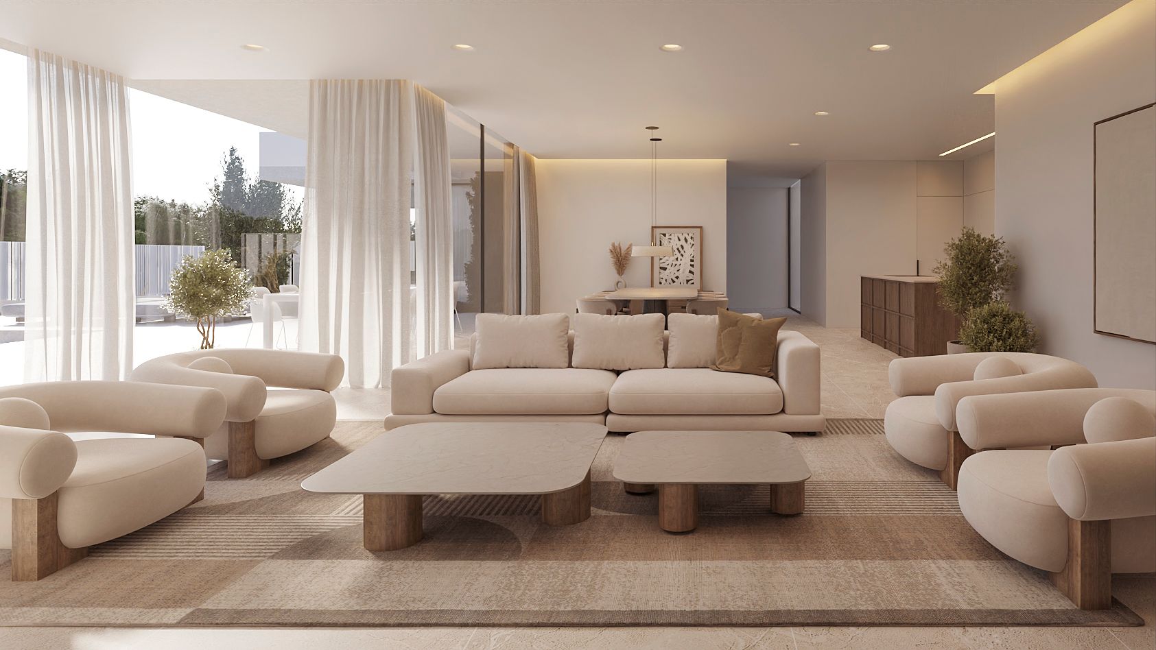 Salón de planta abierta con sillones esculturales, mesas de centro de piedra y madera, y ventanales de suelo a techo con cortinas ligeras. La iluminación empotrada realza los tonos neutros.