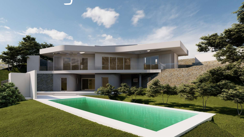 Villa moderna de dos niveles con fachada blanca minimalista, muros de piedra natural y una piscina rectangular rodeada de césped y arboleda.